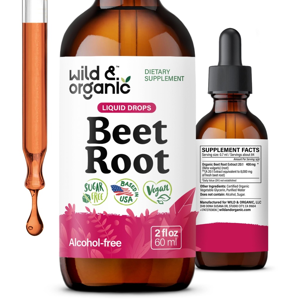 Wild & Organic Beet Root Supplements - Energy Support - Liquid Beetroot Extract Drops - 400 mg per Serving - Mix with Powder - Vegan, Sugar & Alcohol-Free - 2 fl oz