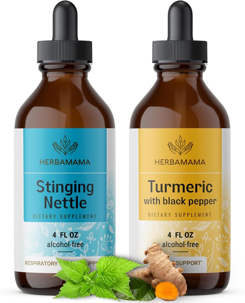 HERBAMA Herbal Liquid Drops Kit - Bundle of Stinging Nettle & Turmeric Curcumin Tincture 4 fl oz - Vegan, Non-GMO, Zucker & Alkoholfrei - 2 Pack