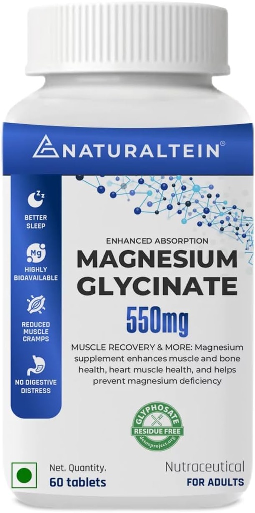 Supplément au glycinate de magnésium - 60 comprimés x 121 mg Magnésium élémentaire, 555 mg Une fois par jour Bisglycinate chélaté pur pour la bonne santé et le sommeil - Testé et fiable pour les métaux lourds