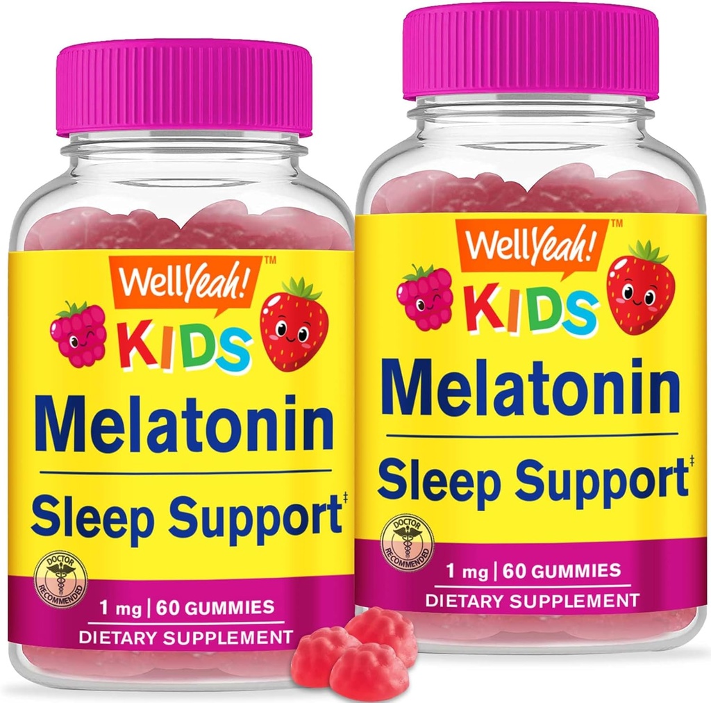 WellJa Kinder Melatonin Gummies 1 mg (2 Pack) - Drug-Free Sleep Aid Gummy Supplement, Schlafunterstützung für Kinder - Glutenfrei, Gelatinfrei, Non GMO, Vegetarisch - Natural Sourced Flavor - 60 Gummies