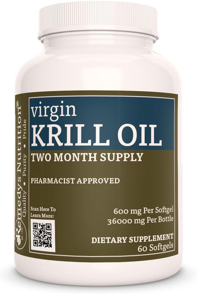 Remedy Ernährung Virgin Krill Öl (Omega-3 Fettsäuren: EPA & DHA) | 600 mg, 60 Softgels Nahrungsergänzung | Zwei Monate Versorgung