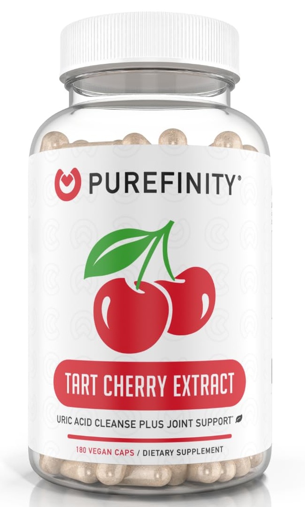 PUREFINITY Tart Cherry Capsules – Uric Acid Flush & Cleanse zur Unterstützung von Gelenk- und Muskelkomfort mit 3000 mg Raw Extract, Non-GMO, Gluten Free, Vegan – 180 Count (6 Month Supply)