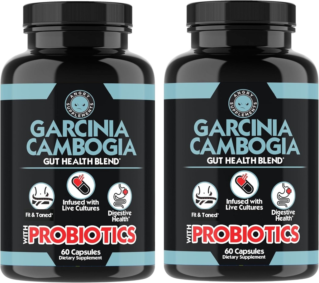 Angry Supplements Garcinia Cambogia with Probiotics, Gut Health Multivitamin w. Vitamins A, C, D, E, K, B2, Zinc, Selenium, Copper, Chromium + Herbal Blend Capsules (2- Bottles, 120ct Total)