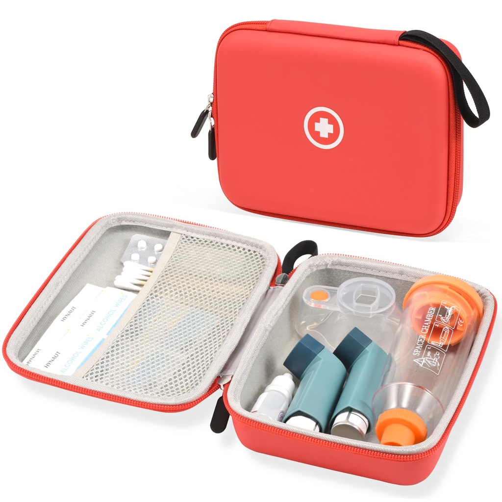 Fukumi cas de voyage dur pour l'inhalateur d'asthme, cas d'espaceur d'inhalateur pour les enfants et les adultes, masques, Asthme boîtier d'accessoires avec la poche de Mesh pour la médecine et autres accessoires, rouge (cas seulement)
