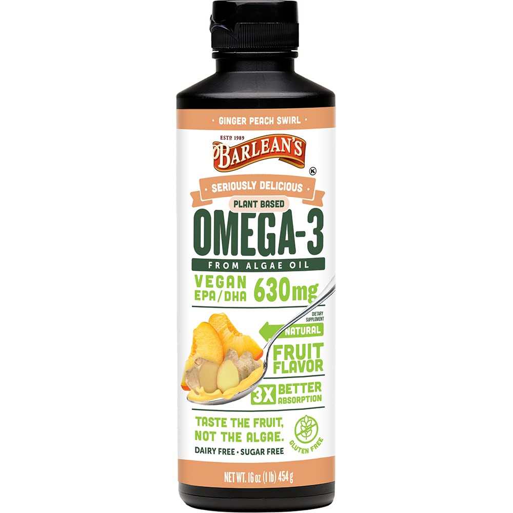 Barleans Ginger Peach Vegan Omega 3 Supplement, Flüssiges Algenöl mit 630 mg EPA & DHA, Pflanzen basierte Omegas aus Algal Öl, Non-GMO & Gluten frei, 16 Unzen