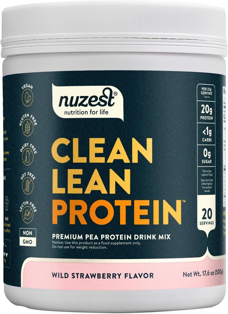 Nuzest - Pea Protein Powder - Clean Lean Protein, Premium Vegan Plant Based Protein Powder, Dairy Free, Gluten Free, OGM Free, Protein Shake (1.1 Pound (Pack of 1), Wild Strawberry)
