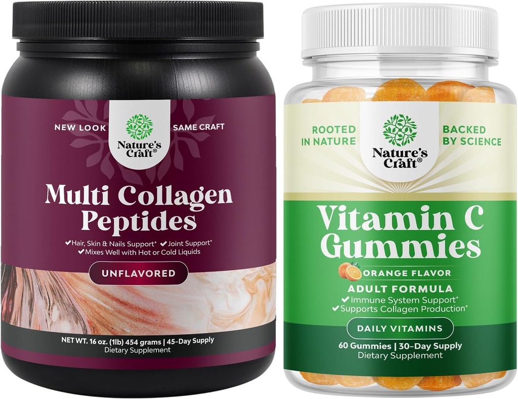 Ensemble de poudre de protéines multicollagènes pour les femmes et les hommes - Peau et ongles capillaires Vitamines et vitamines à croquer C Gommies pour adultes Immune Booster pour adultes et remède naturel au froid