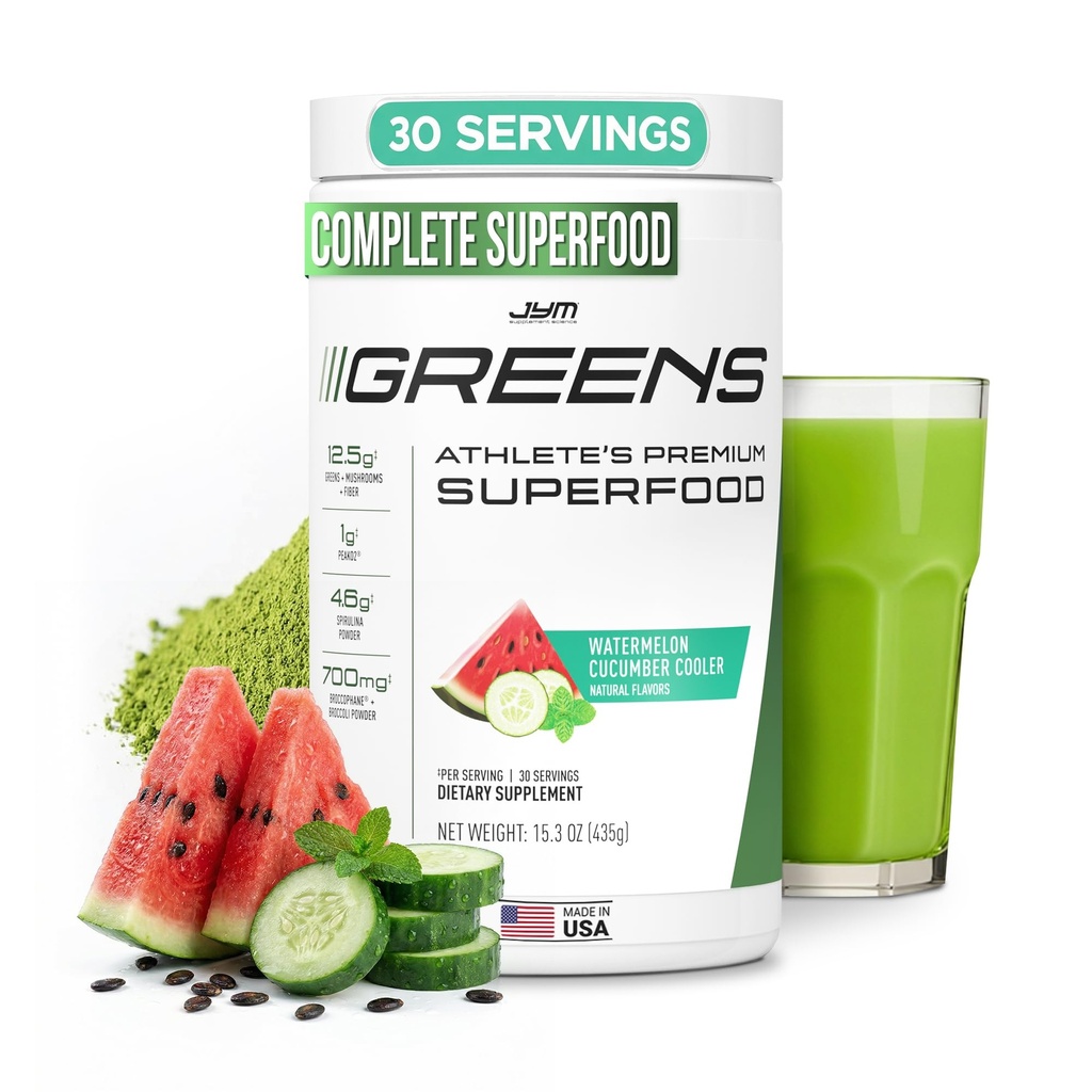 JYM Greens Super Food Powder for Performance, Watermelon Cucumber, Spirulina, Pilze, Vitamine, BroccoPhane & Broccoli, Männer & Frauen, 30 Servietten