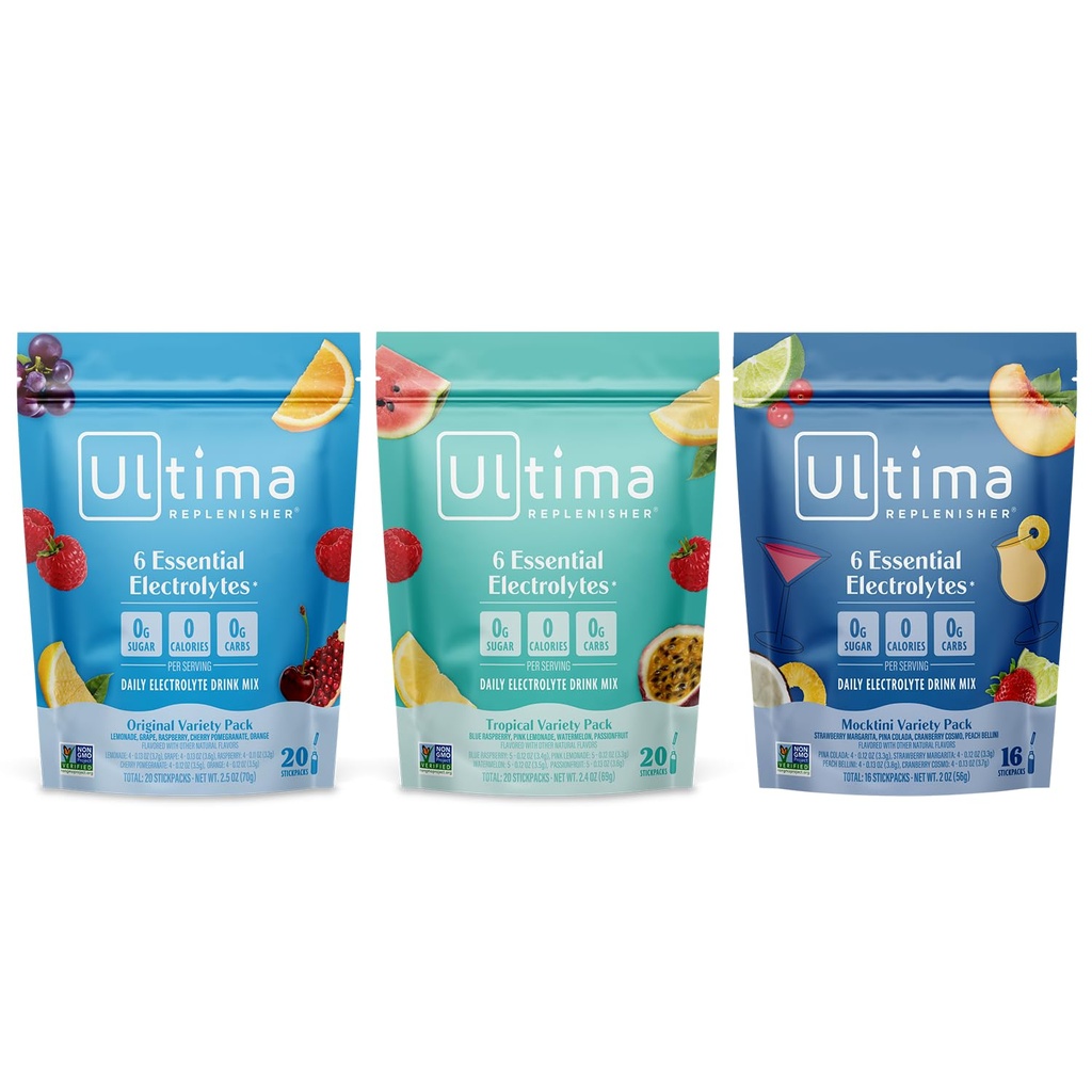 Ultima Replenisher Daily Electrolyte Powder Drink Mix – Sugar Free – Tropical, Mocktini, Original Variety, 56 Stickpacks – Hydration Packets - 6 Elektrolyte und Mineralstoffe – Keto, Non-GMO