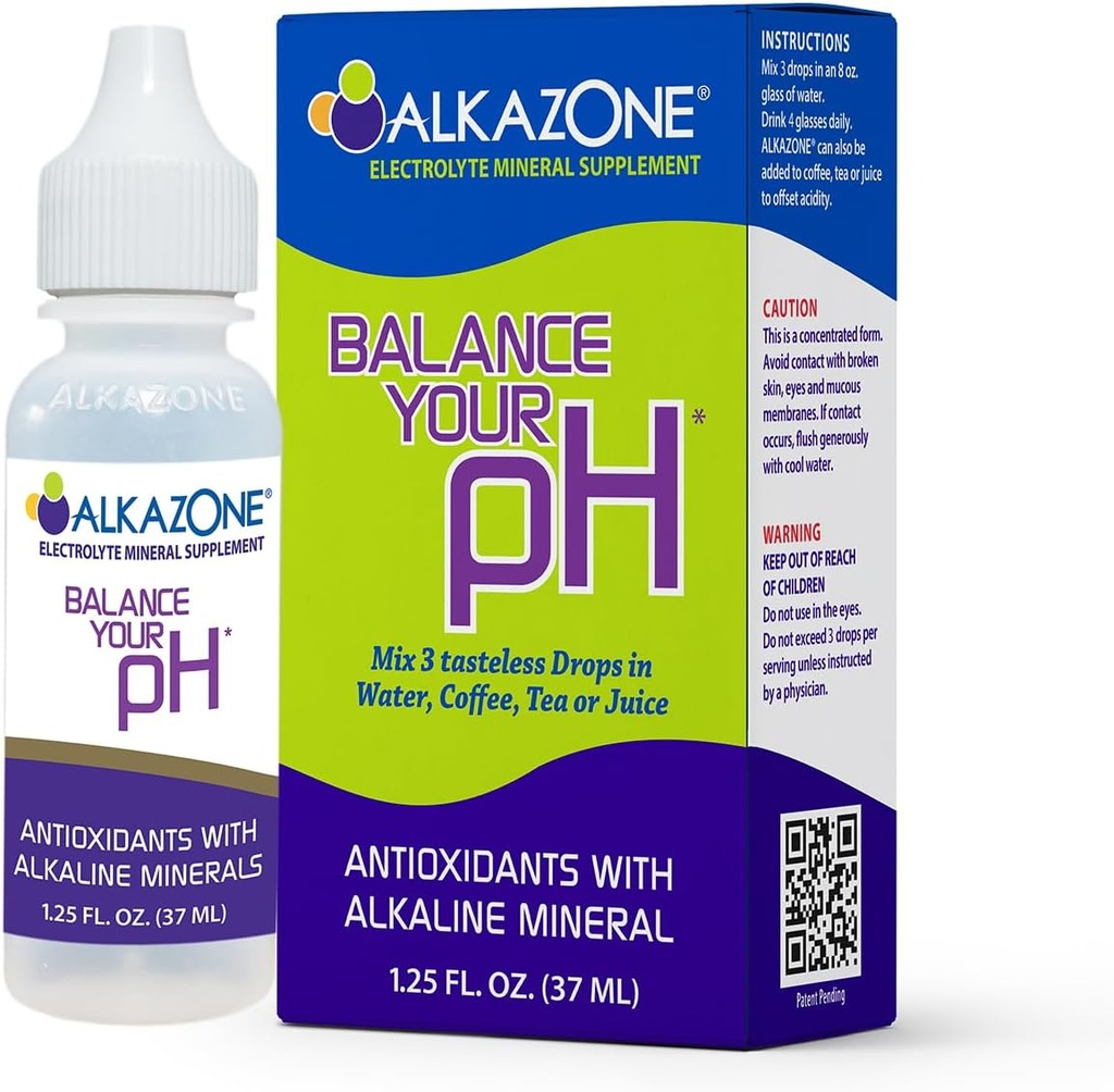 Alkazone équilibrez votre pH, antioxydants Alcaline Mineral Drops, simple 1,25 Oz Pack, portable, rendement 10 Gallons d'eau alcaline, antioxydante, non aromatisée, pH équilibre, hydratation