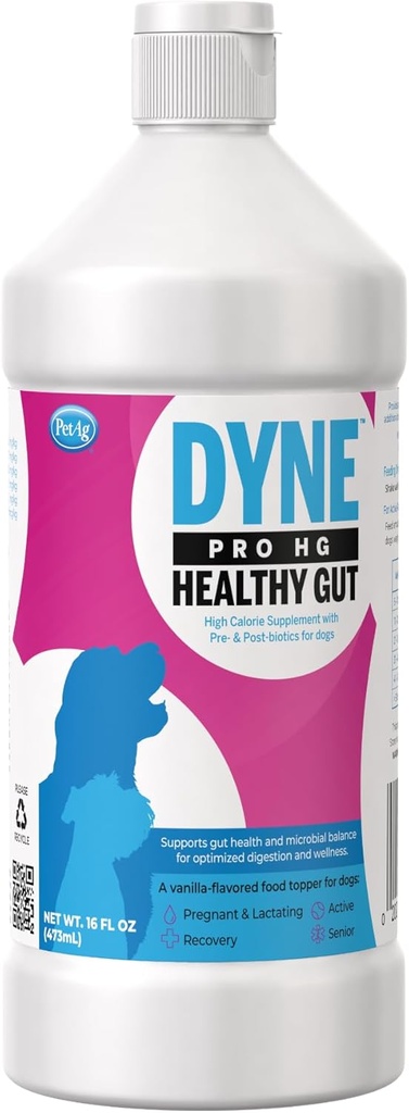 PetAg Dyne PRO HG Gut santé pour les chiens et les chiots 8 semaines et plus - 16 oz - supplément nutritionnel liquide à haute teneur en calories avec pré- et post-biotiques - soutient l'endurance et la santé des guts - Sweet Vanilla Flavor