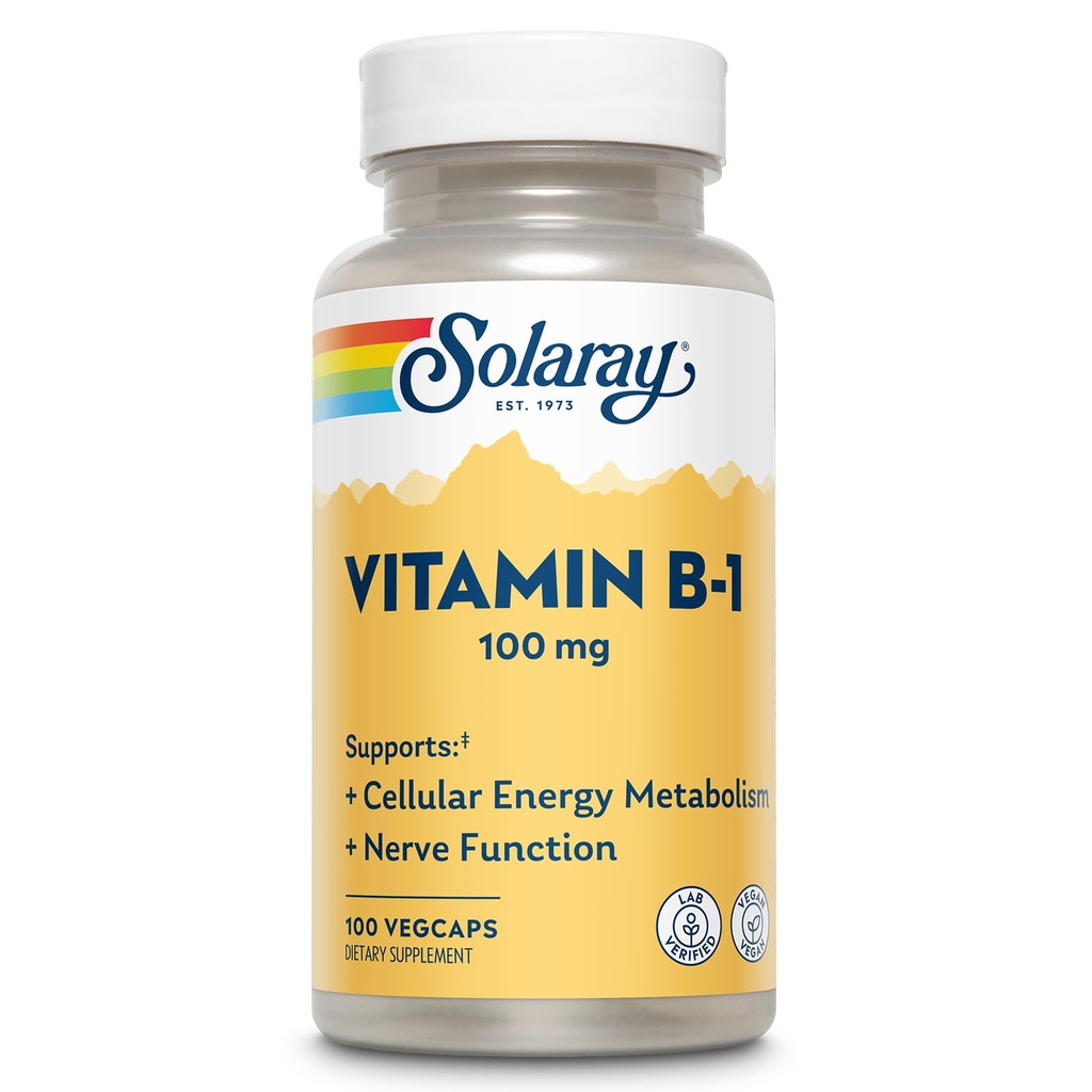 SOLARAY Vitamine B-1 100 mg de Métabolisme énergétique sain, peau, cerveau, coeur et système nerveux Soutien