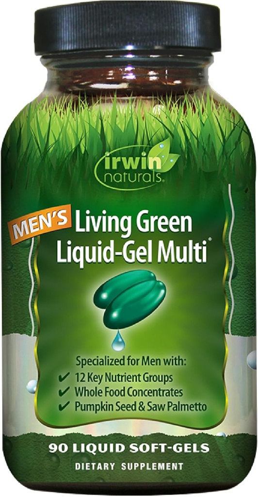 Irwin Naturals Men's Living Green Liquid-Gel Multi - 90 Liquid Softgels - 70 Essential Nutrients, Vitamine Full-Spectrum, Miscela Wholefood - Supporto Adrenale e Cervello mirato - 30 Total Servings