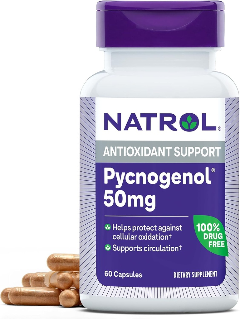 Natrol Pycnogenol Capsules, Antiossidante Protezione, Supplemento Protegge contro l'ossidazione cellulare e di età-relativo Danni, Estratto di corteccia di pino marittimo europeo, Supporta la Circolazione, 50 mg, 60 Conte