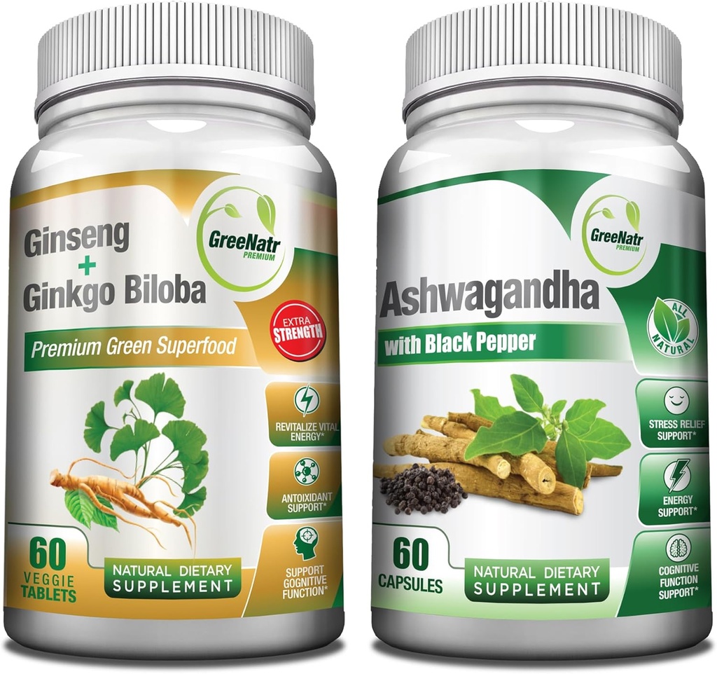 GreeNatr Premium Bundle for Holistic Well-Being: Organic Ashwagandha Capsules, con pepe nero per Stress Relief, Plus Ginseng + Ginkgo Biloba Tablets, un Booster di energia tradizionale.