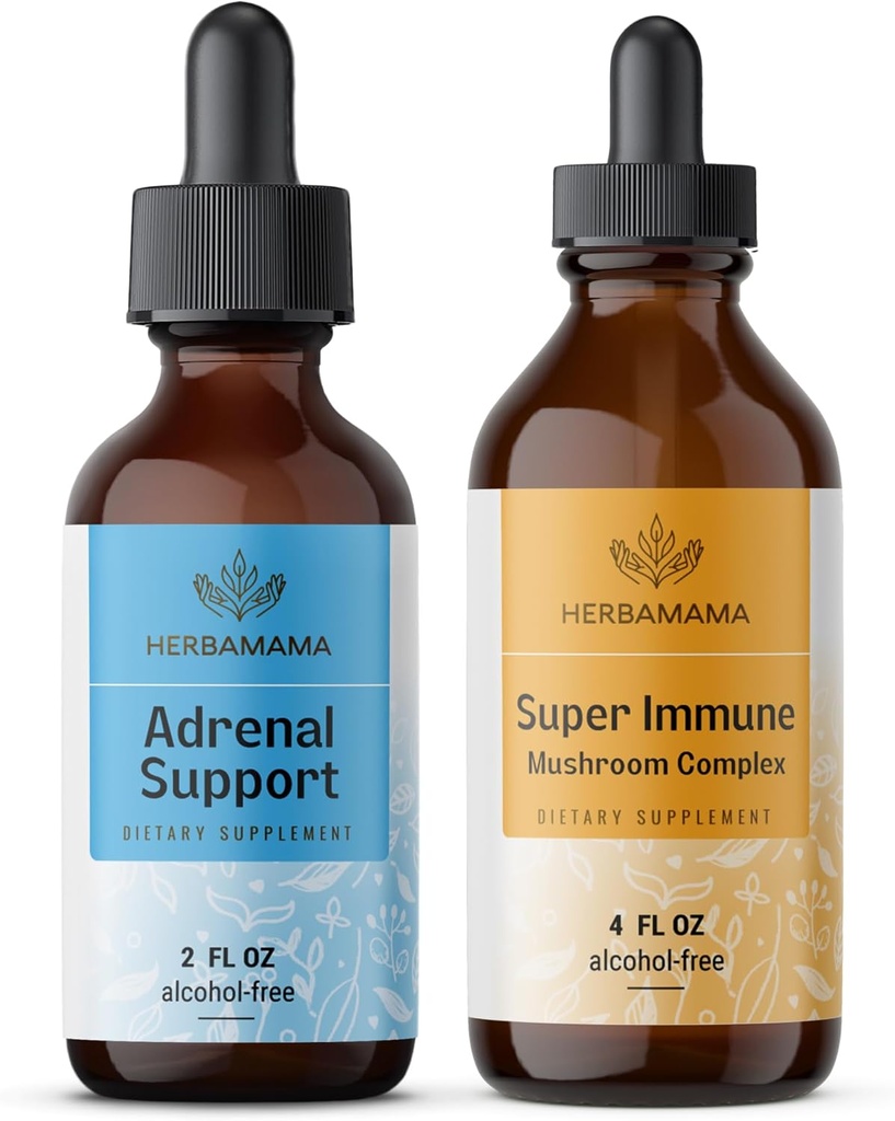HERBAMAMA Supporto surrenale e kit di miscela super immune Mushrom - Bundle di supporto adrenale liquido Complesso 2 fl oz & Super Immune Mushroom Drops 4 fl oz - Vegan, Non OGM, Sugar & Alcohol-Free - 2 Pack