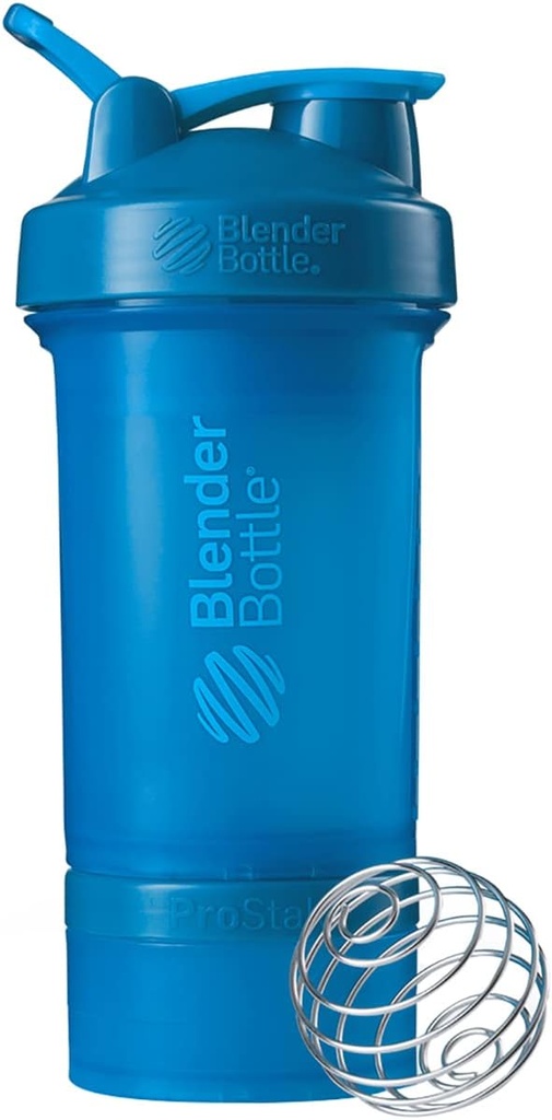 BlenderBottle Shaker Bottle mit Pill Organizer und Storage für Protein Powder ProStak System, 22-Ounce, Cyan