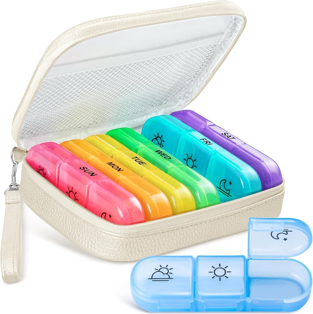 Organisateur de pilules mignon 3 fois par jour, grand cas quotidien de pilules pour les femmes, boîte à pilules portable 7 jours pour la Purse avec sac et zipper pour tenir les vitamines, médicaments, huiles de poisson, suppléments (Beige)