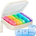 Organisateur de pilules mignon 3 fois par jour, grand cas quotidien de pilules pour les femmes, boîte à pilules portable 7 jours pour la Purse avec sac et zipper pour tenir les vitamines, médicaments, huiles de poisson, suppléments (Beige)