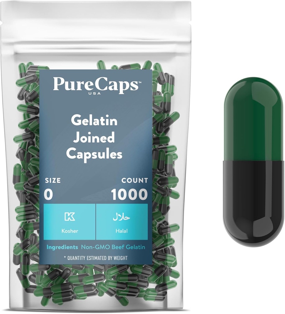 PureCaps USA - Leere Gelatine Kapseln Größe 0| 1.000 verbundenen Pillen Green Green/Black| Non-GMO zertifiziert | SLS, Gluten, Konservierungsmittelfrei