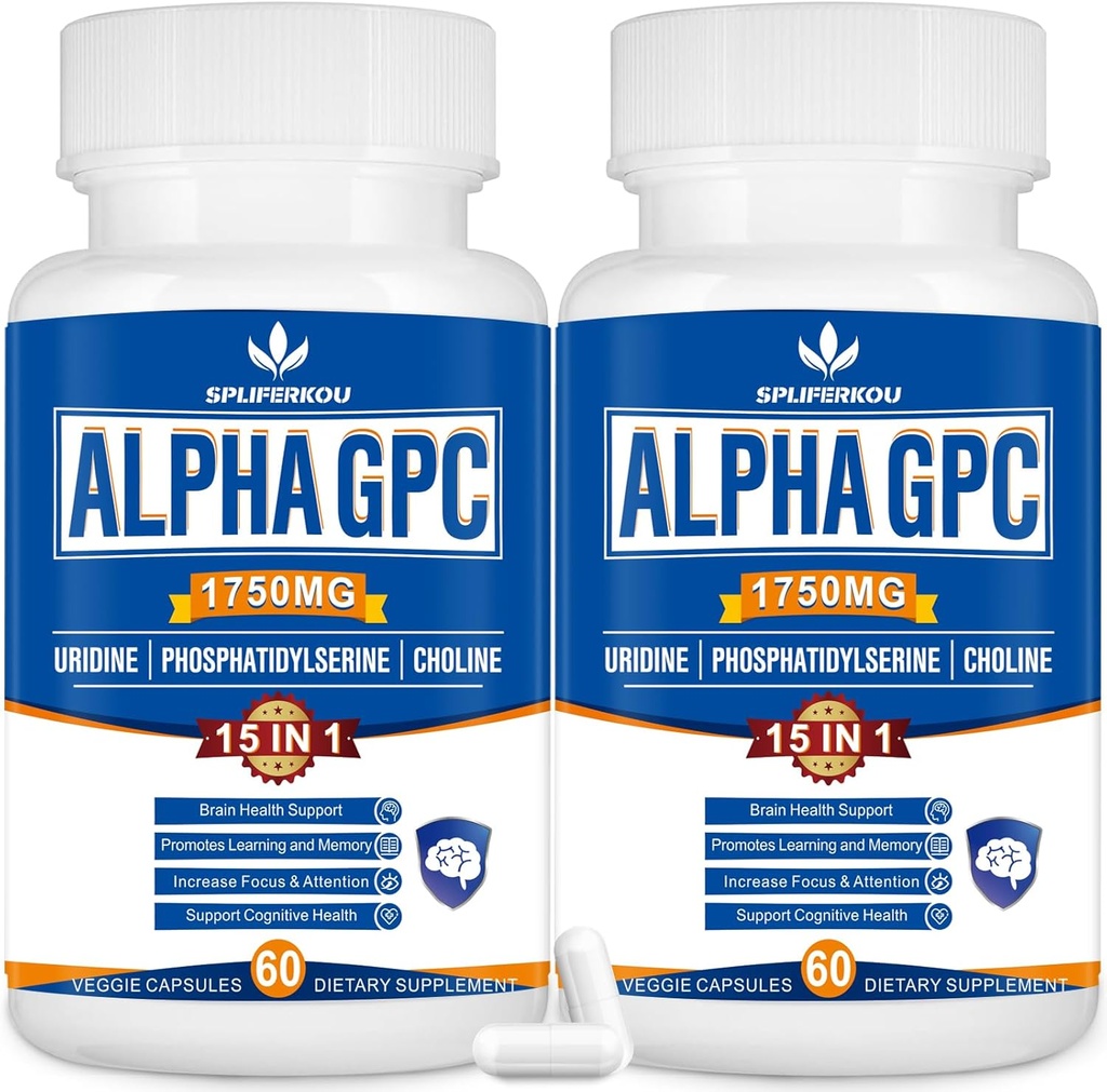 15-in-1 Alpha GPC Supplemento con Phosphatidylserine, Uridine, L-teanina, Lion's Mane Mushroom, 120 capsule