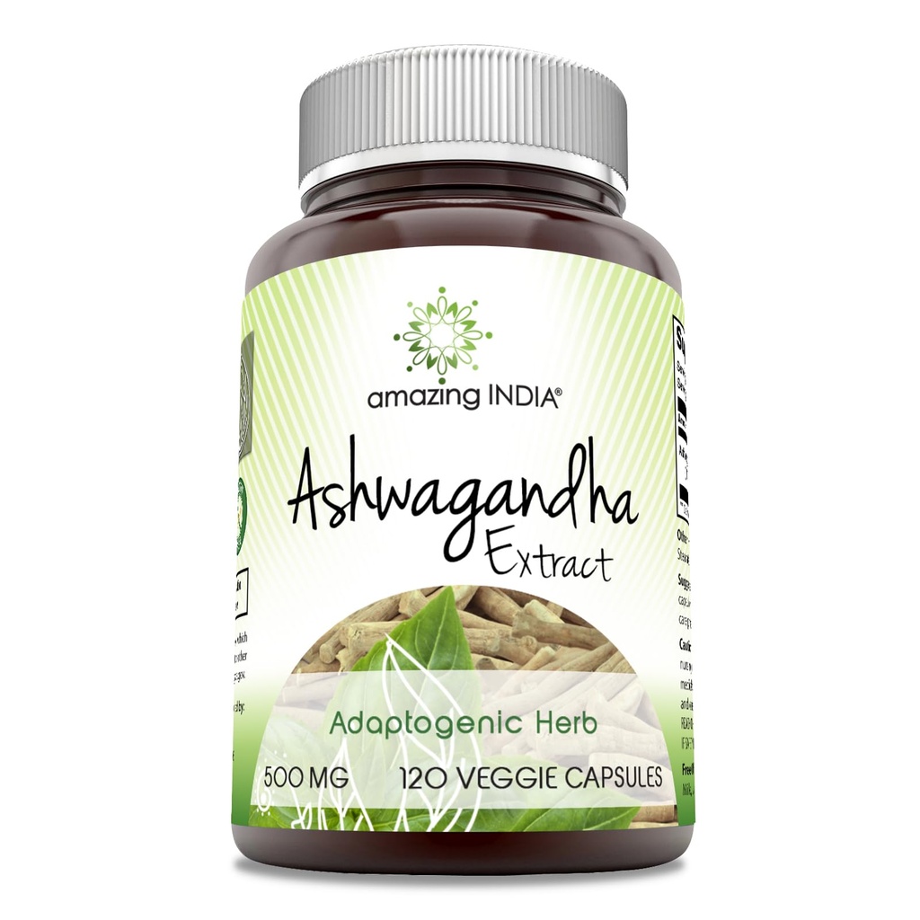 Incredibile India Ashwagandha 500 mg Veggie Capsule Supplemento | Made with Natural Ashwagandha | Non-GMO | Gluten Free (120 Count)