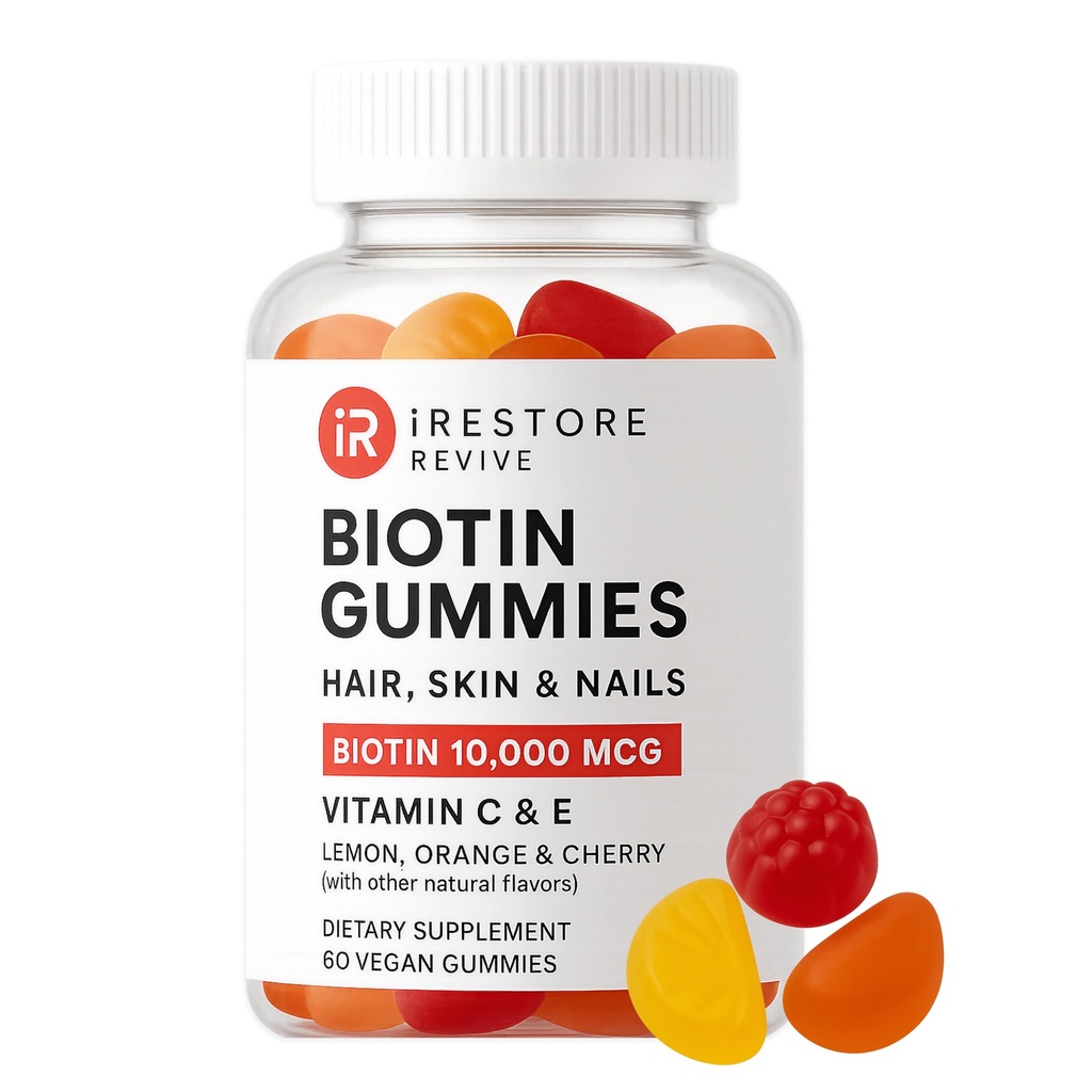 iRestore Biotin Gummies 10.000 mcg - 3 aromi di frutta naturale, Vitamine di capelli Multi supplemento per la pelle dei capelli e unghie per le donne & uomini, 60 Vegan Gummies, 30 giorni di alimentazione