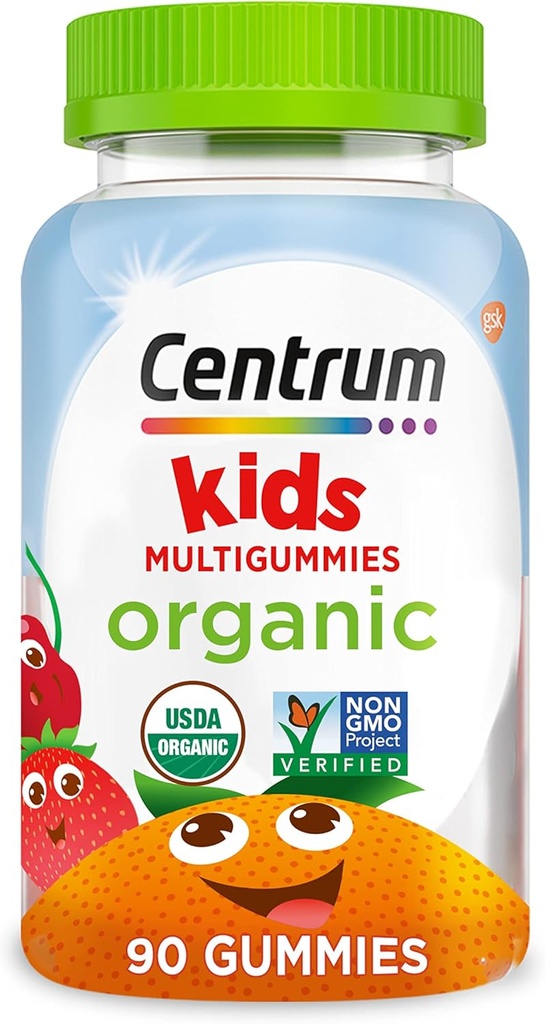 Multigummie organiche per bambini Centrum, Gummie multivitaminiche per bambini, Multivitaminici organici per bambini con nutrienti essenziali per il supporto immunitario, la funzione muscolare e la salute del cervello - 90 Conte