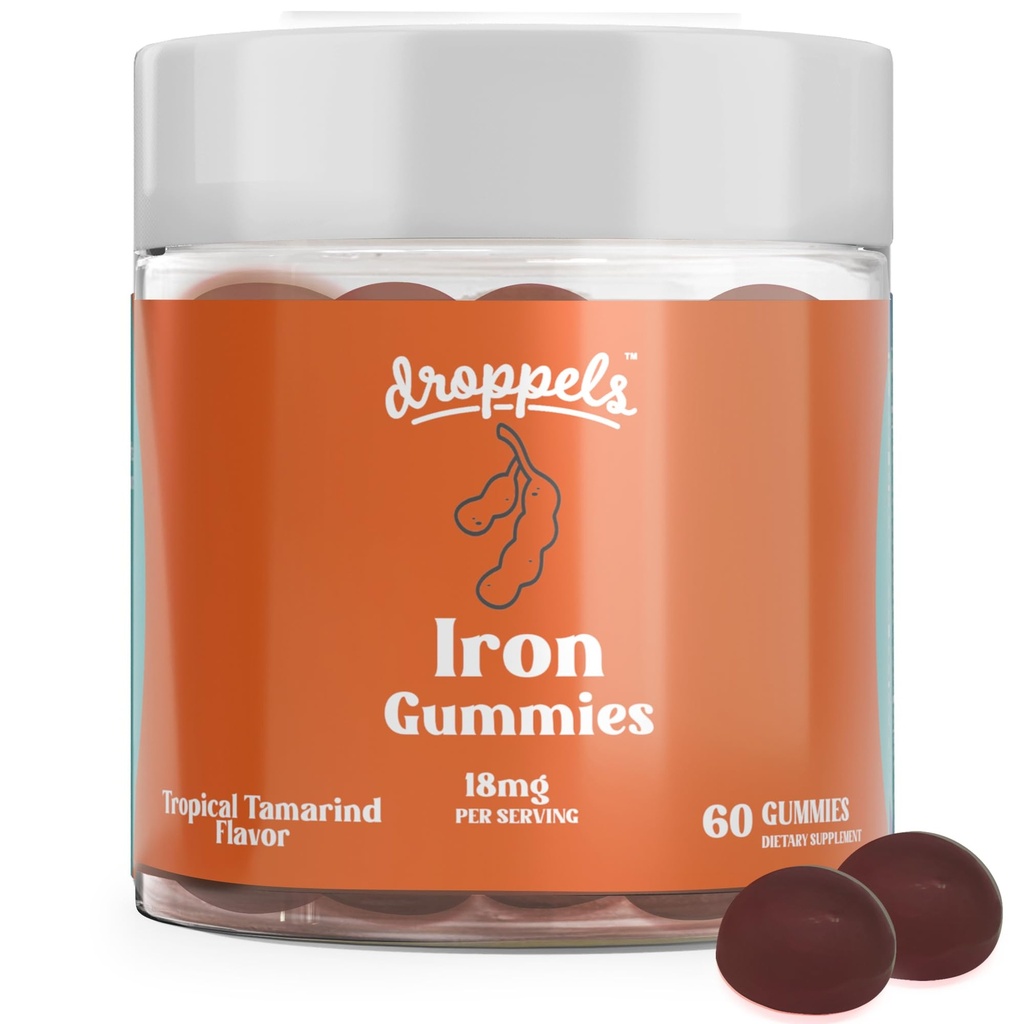 Gommies de fer Droppels 18mg pour les femmes et les hommes – supplément végétalien de fer à base de plantes , soutient l'énergie et la santé du sang , non-OGM , sans gluten et sans gélatine , 60 comte