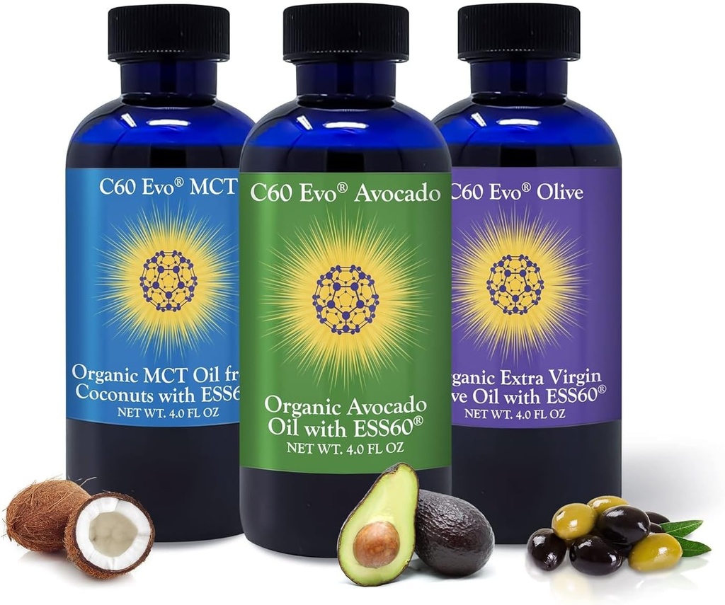 Oli Commestibili All-Natural, Set Sampler 4oz con Pure C60 ESS60, Supporto Immune e Supporto Congiunto Integratore con Olio di Oliva, Olio di Avocado & MCT Coconut Oil, Set da 3, 4 oz