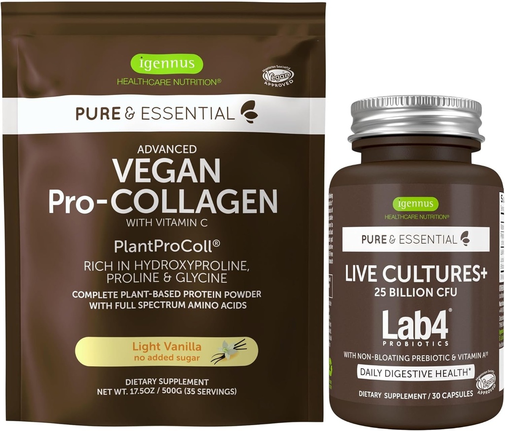 Cultures vivantes+ Lab4 Probiotiques + Végétalienne Vanille Poudre de protéines de collagène Bundle végétalien, formule complète de renforcement du collagène + 25 milliards CFU Probiotique avec prébiotique non flottant, par Igennus