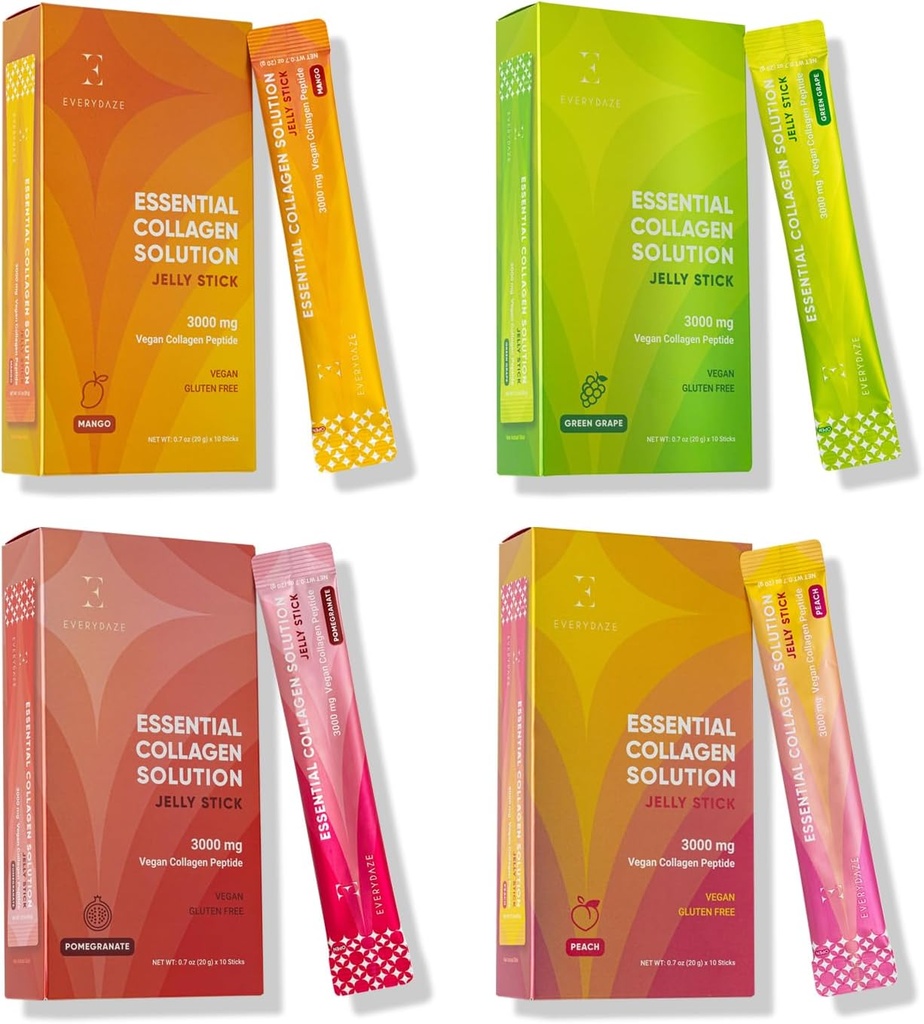 EVERYDAZE Essential Collagen Solution Jelly Stick | 40 Variety Pack | Peach, Mango, Green Grape, Granatapfel | Vegan Collagen Peptide Supplement | Haar, Haut, Nagel, Knochen Gesundheit für Männer und Frauen