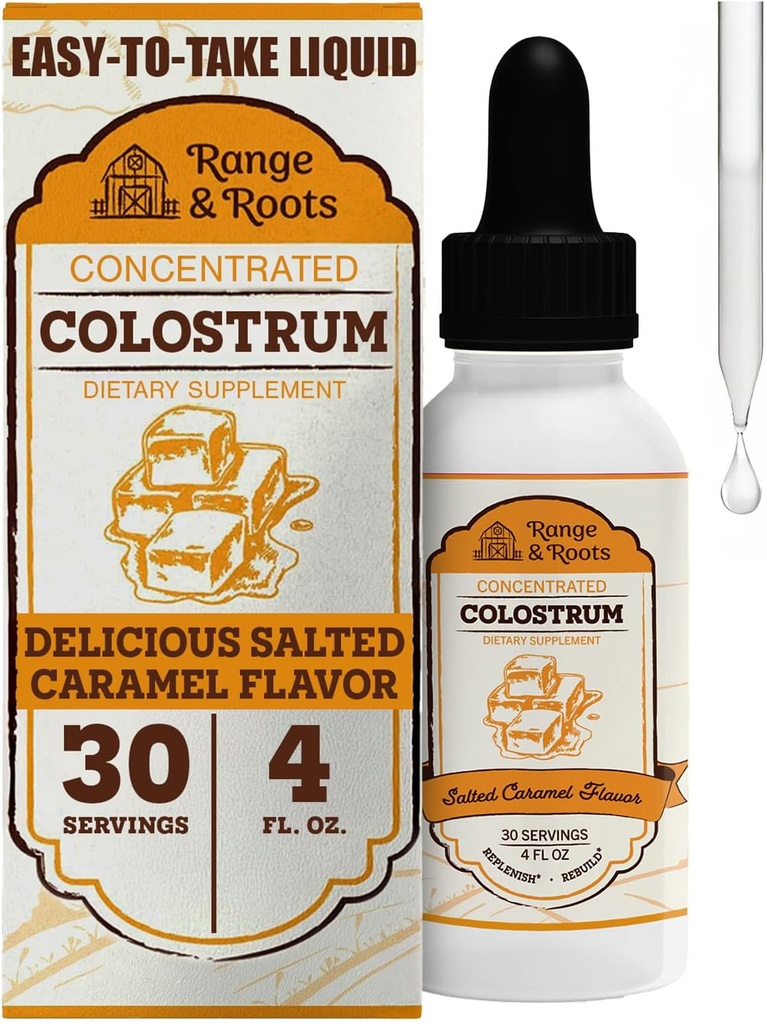 Range & Roots Colostrum Supplement - Liquid Bovine Colostrum - Alternative zu Colostrum Powder - Unterstützung Gut Gesundheit, Immunität, Energie - Gesundes Haar, Haut und Nägel - Gesalzene Karamell Flavor (30 Servierungen)