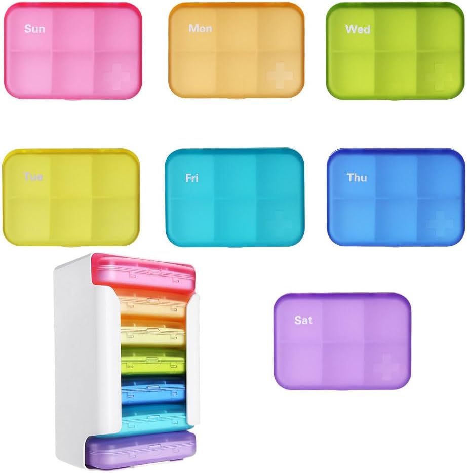 7 Stück Set Pill Organizer 6 Mal pro Tag, Wöchentliche Pille Fall, Pill Organizer mit Etiketten, Reise Pillenspender 7 Tag mit 42 Copartments für Medikamente/Vitamin/Fish Oil/Supplements - Rainbow Colors
