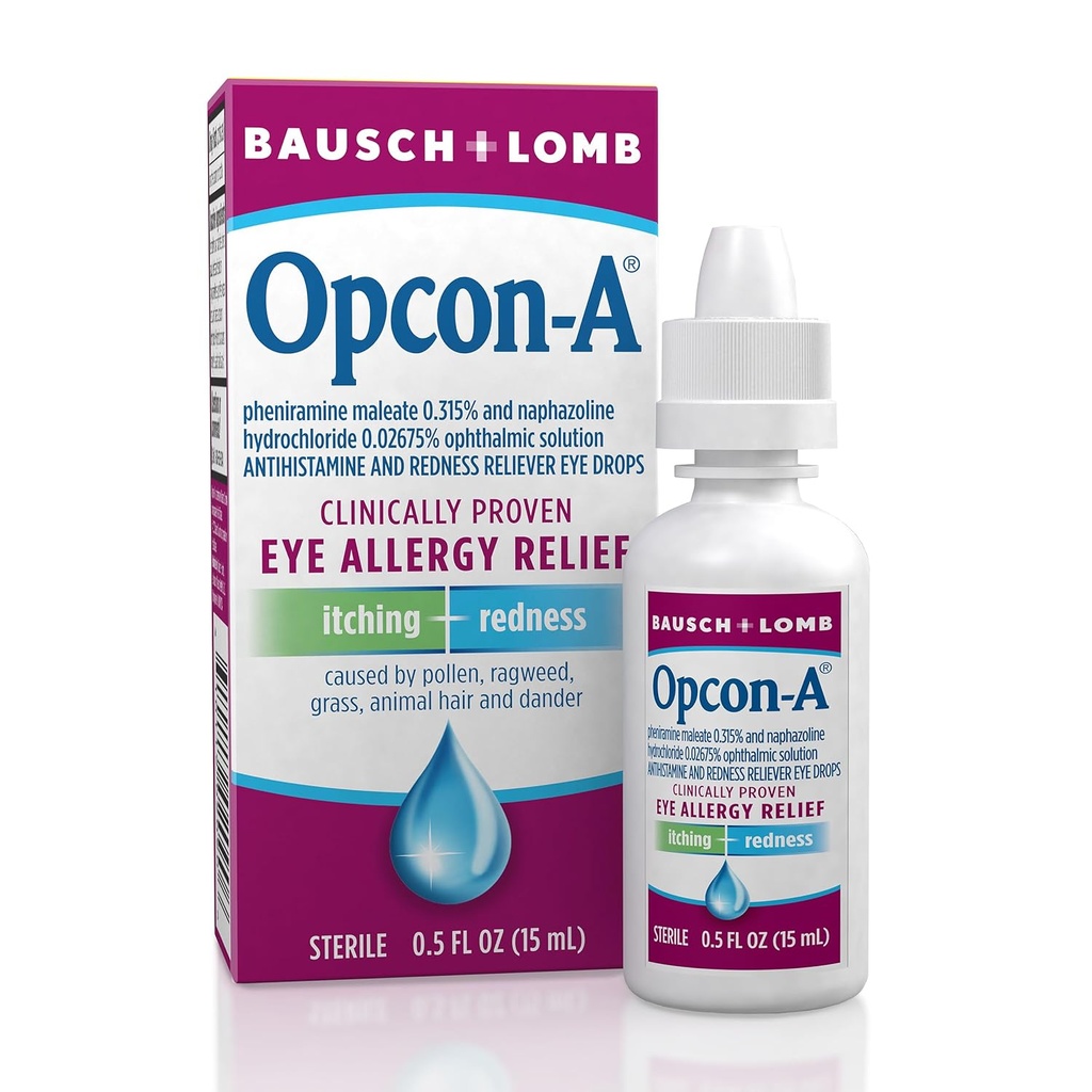 Opcon-A Allergy Eye Drops by Bausch + Lomb, pour Relief démangeaison et rougeur, Rouge et yeux démangeaisons Antihistamine Eye Drop, Traitement cliniquement prouvé, 0,5 Fl Oz