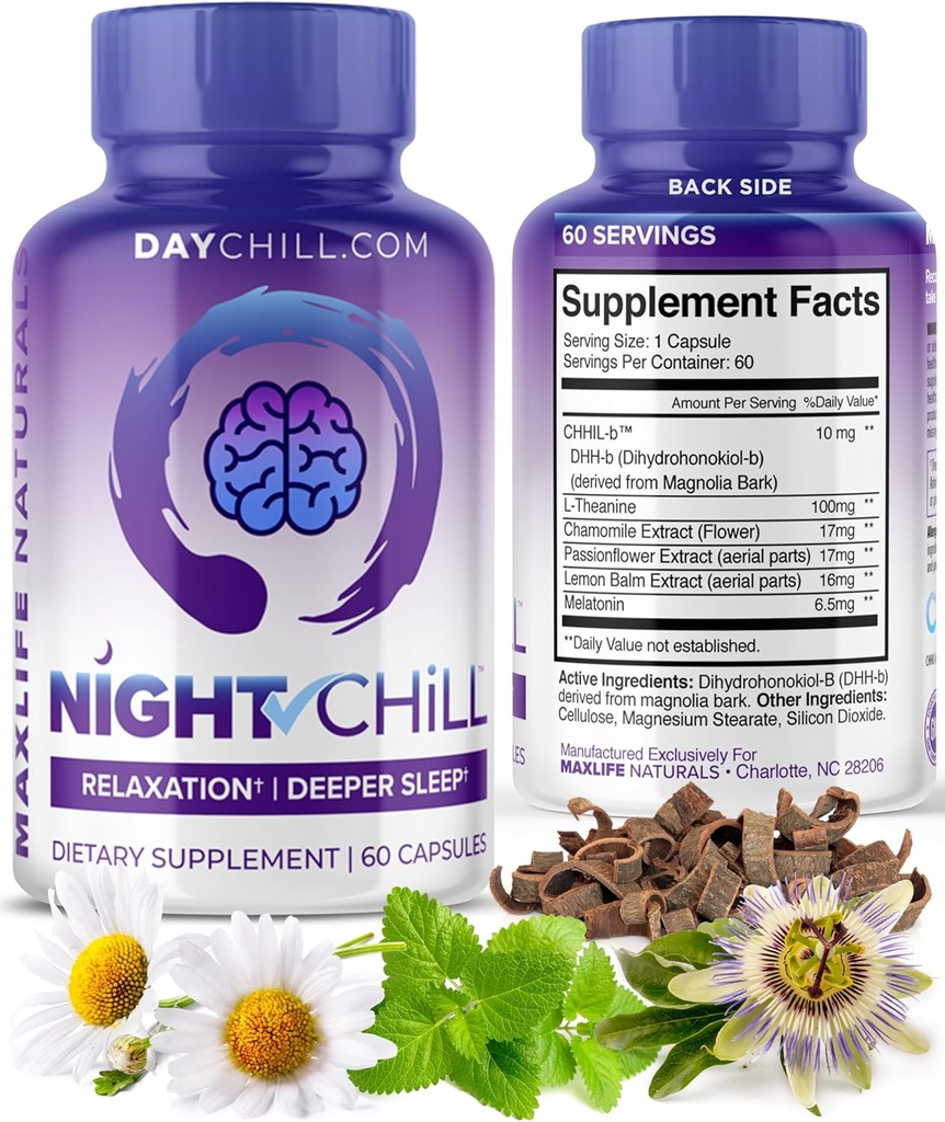 Nacht Chill Sleep Supplement – 60 Kapseln - Restful Sleep Support mit DHH-B von Magnolia Bark und L-Theanine Supplement - Stress Calm Mood Unterstützung - Schlaf Pillen für Erwachsene von MaxLife Naturals