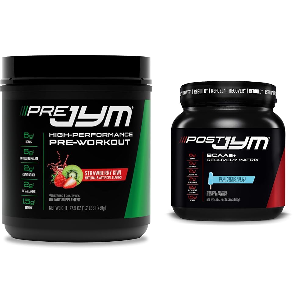 JYM Supplement Science PRE JYM 30 Portionen - Erdbeer-Kiwi & Post-Workout mit BCAA, Glutamin, Kreatin HCL, Beta-Alanin und mehr, Blue Arctic Freeze, 30 Portionen, 22 Oz