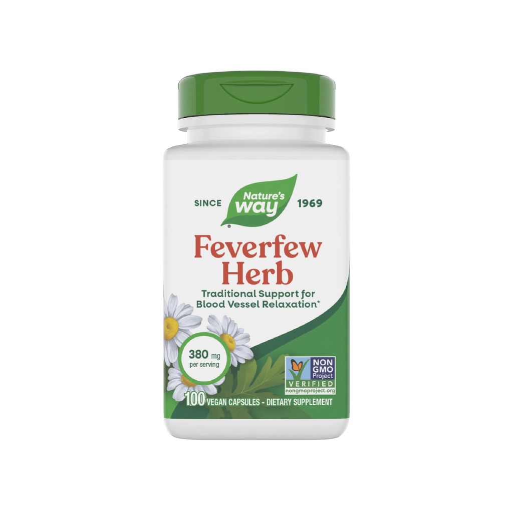 Natural's Way Feverfew Herb, Supporto Tradizionale per il Rilassamento di Vessel Sangue*, 380 mg per Serving, Progetto Non OGM verificato, 100 Vegan Feverfew Capsules (Packaging May Vary)