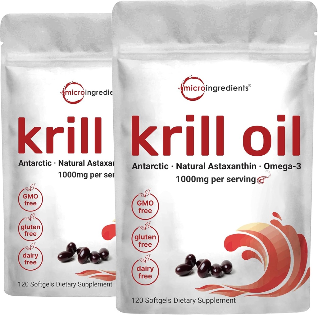 2 Pack Antarktis Krill Öl Supplement, 1000mg pro Servierung, 120 Soft-Gels Jede, reich an Omega-3s, EPA, DHA & Astaxanthin, unterstützt Gehirngesundheit, Premium Krill Öl Kapseln flüssige Softgels