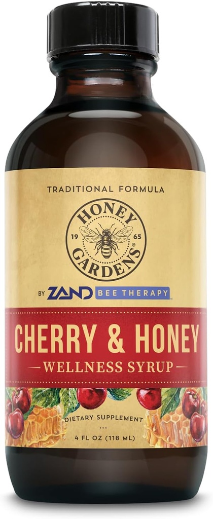 Jardins de miel Cerise et miel Sirop de gorge apaisante, formule d'apithérapie au miel cru biologique, vinaigre de cidre de pomme biologique, cerise noire et extraits à base de plantes, 24 portions, 4 FL. OZ.