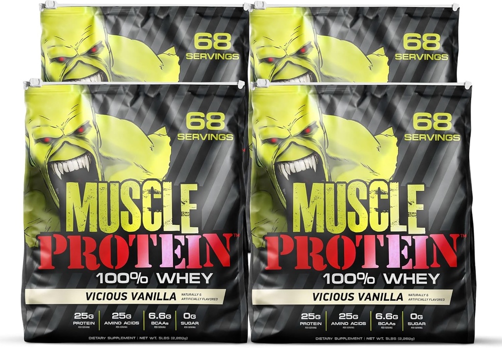 LABES COLOSSALES Muscle Whey Protéine Aromatisée Poudre de protéines, 25 000 mg Acides aminés/Serveur, Filtré à froid (Packaging May Vary) (20 livres (paquet de 4), Vanille)