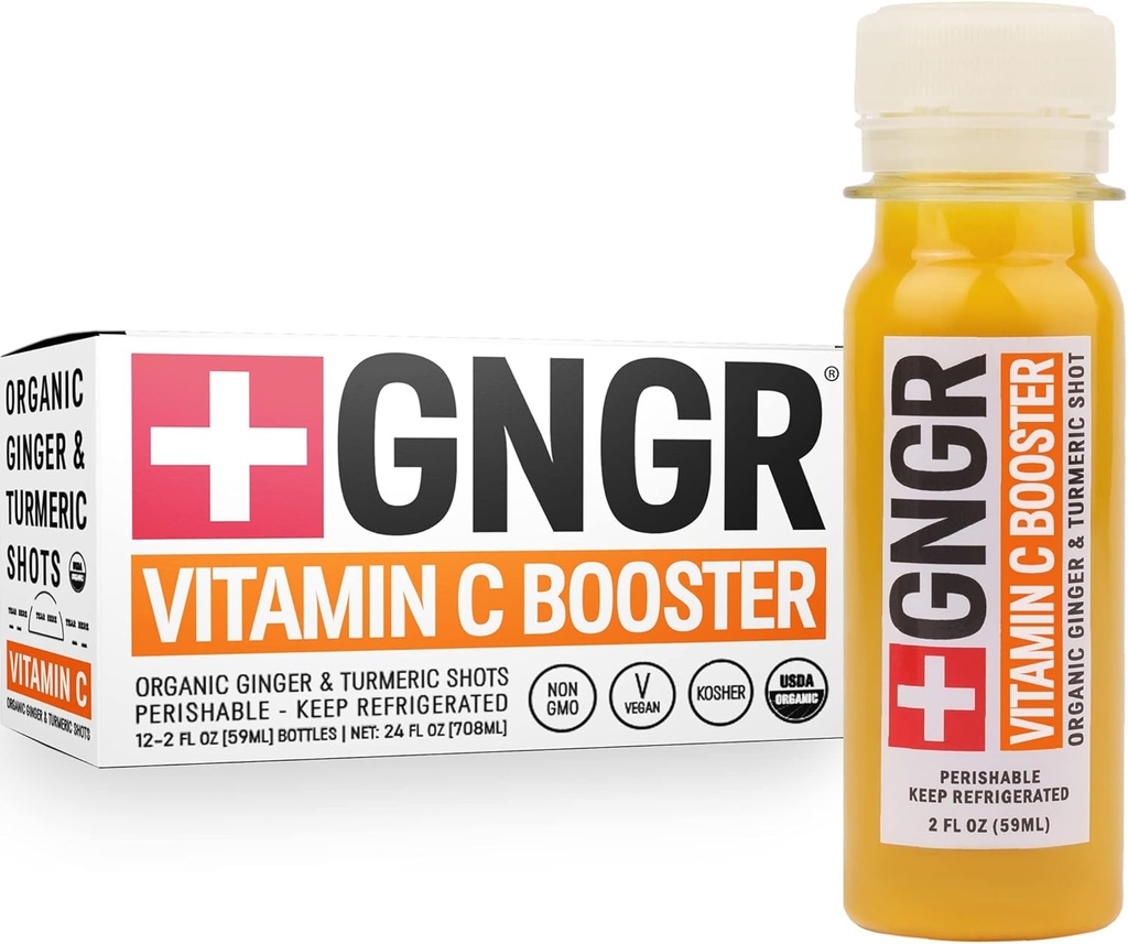 +GNGR Vitamina C Immunity Booster Cold-Pressed Ginger Shot with Turmeric, Cayenne, Acerola, Immunity Shot with Peruvian Ginger Juice for All Natural Immune & Digestive Support 2 fl oz (Pack of 12)