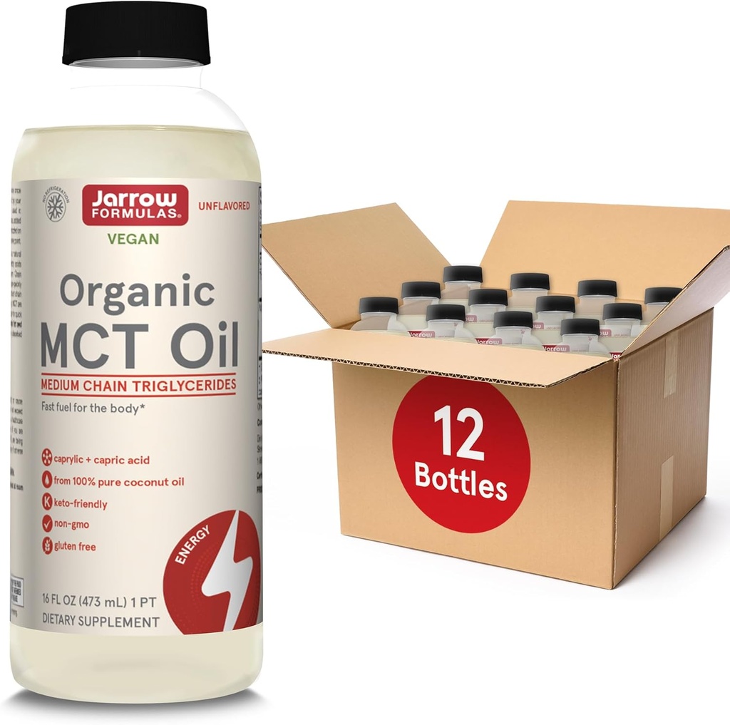 Jarrow Formulas Organic MCT Oil - 16 fl oz - Fast Fuel for Brain & Muscles - Caprylic (C8) + Capric Acid (C10) - Ketogenic Diät Friendly Supplement - Unflavored (Pack von 12)