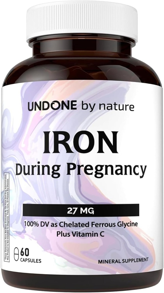 Supplément de fer, Bisglycinate de fer, doux, avec la vitamine C comme L-Calcium Ascorbate, pendant la grossesse par undone par nature, 100% de la valeur quotidienne, fabricant de sang, 60 bouchons végétaliens