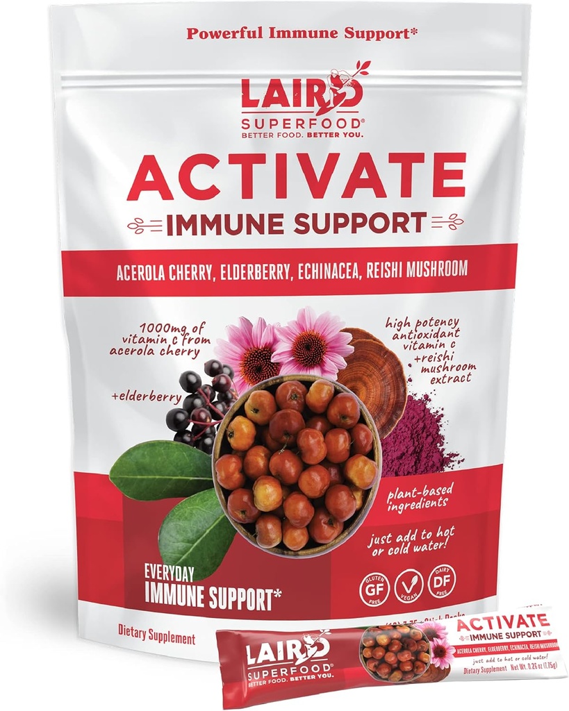 Laird Superfood attiva il supporto immunitario della bevanda della polvere Supplemento, 1000 mg di vitamina C da Acerola Cherry, Elderberry, Echinacea e Reishi Mushroom, 7.75 Gram Stick, Confezione da 10
