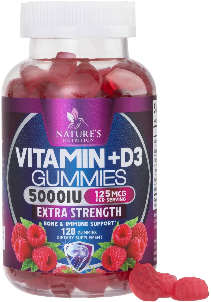 Vitamine D3 Supplément Gummy 5000 UI (125 mcg) Vitamines diététiques D pour les hommes et les femmes - Bone, Dents, Muscles et Immune Santé Support, High Potency VIT D3 Nature's Non-OGM & sans gluten - 120 Gummes