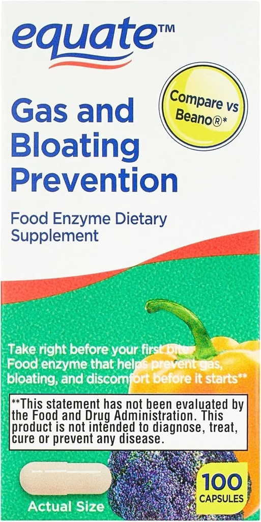Equate Gas e Bloating Relief Prevenzione, Alimentare Enzime Integratore alimentare Capsule 100 Conte (Pacchetto di 1)