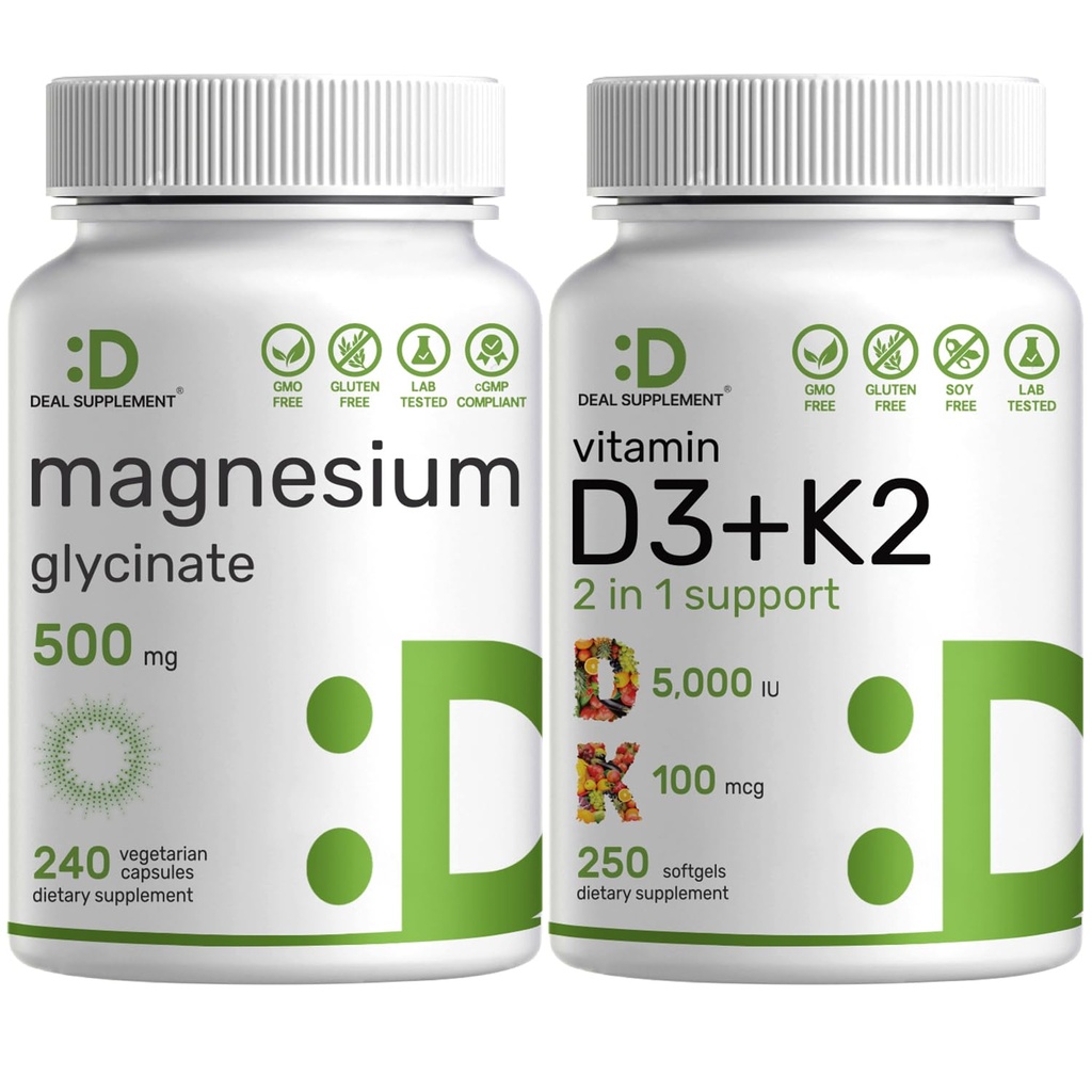 Magnesium Glycinate 500mg Veggie Capsules & Vitamin D3 5.000iu + K2 100mcg Softgels Bundle – leicht absorbiert Chelatmineral – D & K Essential Sunshine Vitamine