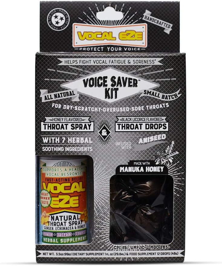 Vocal Eze Voice Saver Kit, include Vocal Herbal Throat Spray (1) e (12) Manuka Honey Drops | Relieve Sore, Hoarse, Fatigue, Dryness of Throat | Supporto immunitario, Ingredienti naturali (Aniseed)