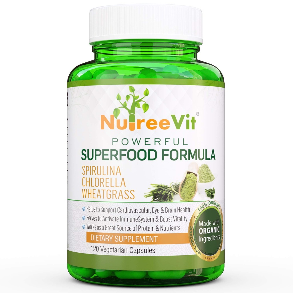NutreeVit Pure 100% Bio Spirulina + Chlorella + Wheatgrass - Energie Booster, Immununterstützung, Leistungsstarke Superfood Antioxidationsmittel - Veggie Kapseln | 500mg